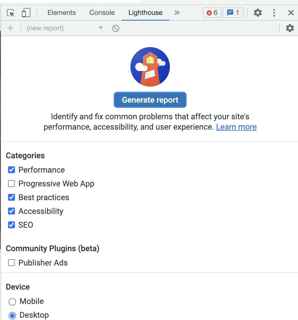 A screenshot of the Chrome Developer Tools panel, with the "Lighthouse" tab selected. A button that says "Generate report" at the top has the description: "Identify and fix common problems that affect your site