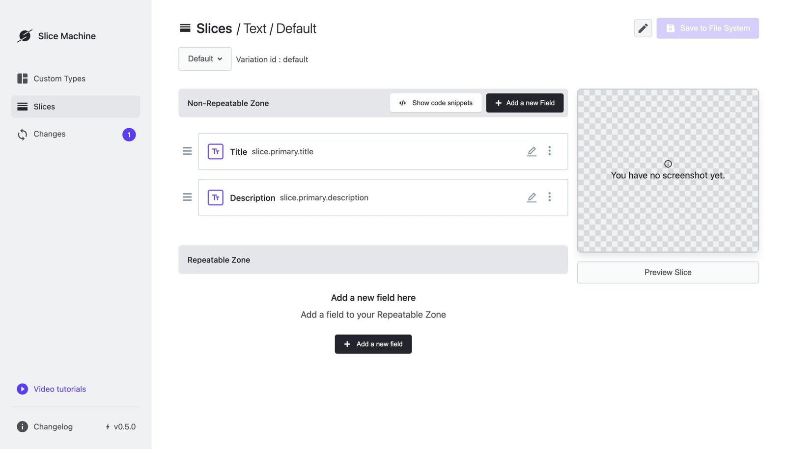 A screenshot of the Slice Machine interface where a new Text Slice is being created. It has two default fields upon creation.