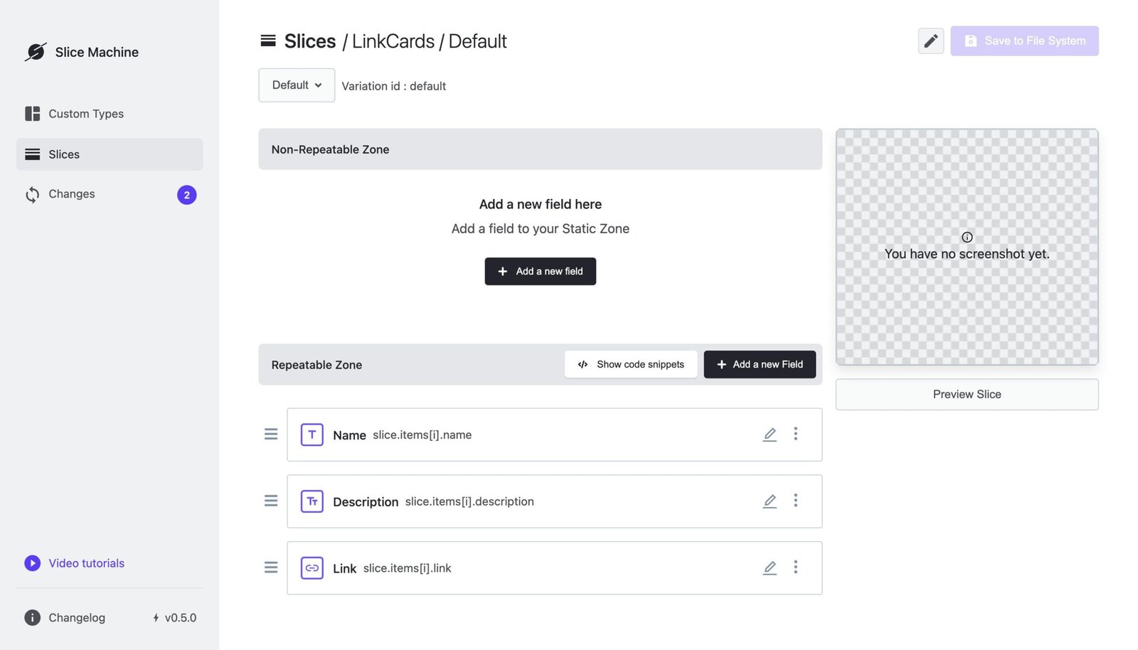 A screenshot of the Slice Machine editing interface where a new LinkCard Slice is being created. Now the Slice has three fields in the 
