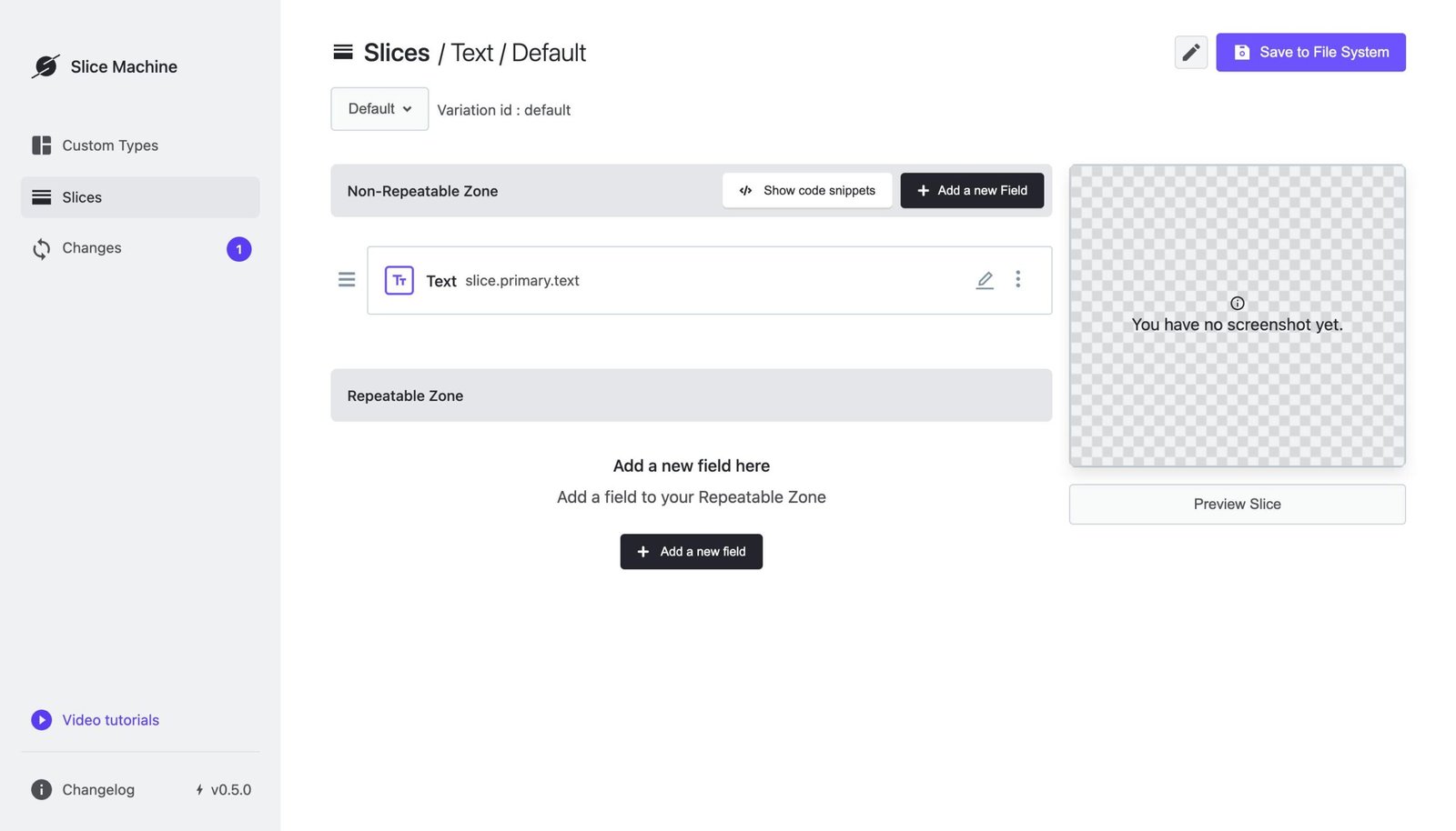 A screenshot of the Slice Machine interface where a new Text Slice with one field is in the process of being created.