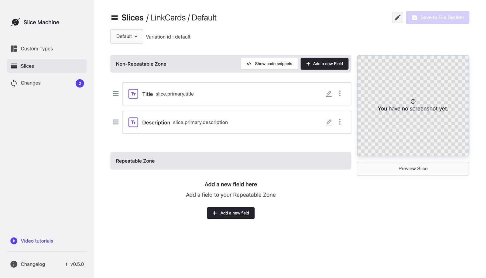 A screenshot of the Slice Machine editing interface where a LinkCards Slice is being created. There are default fields that will need to be deleted.