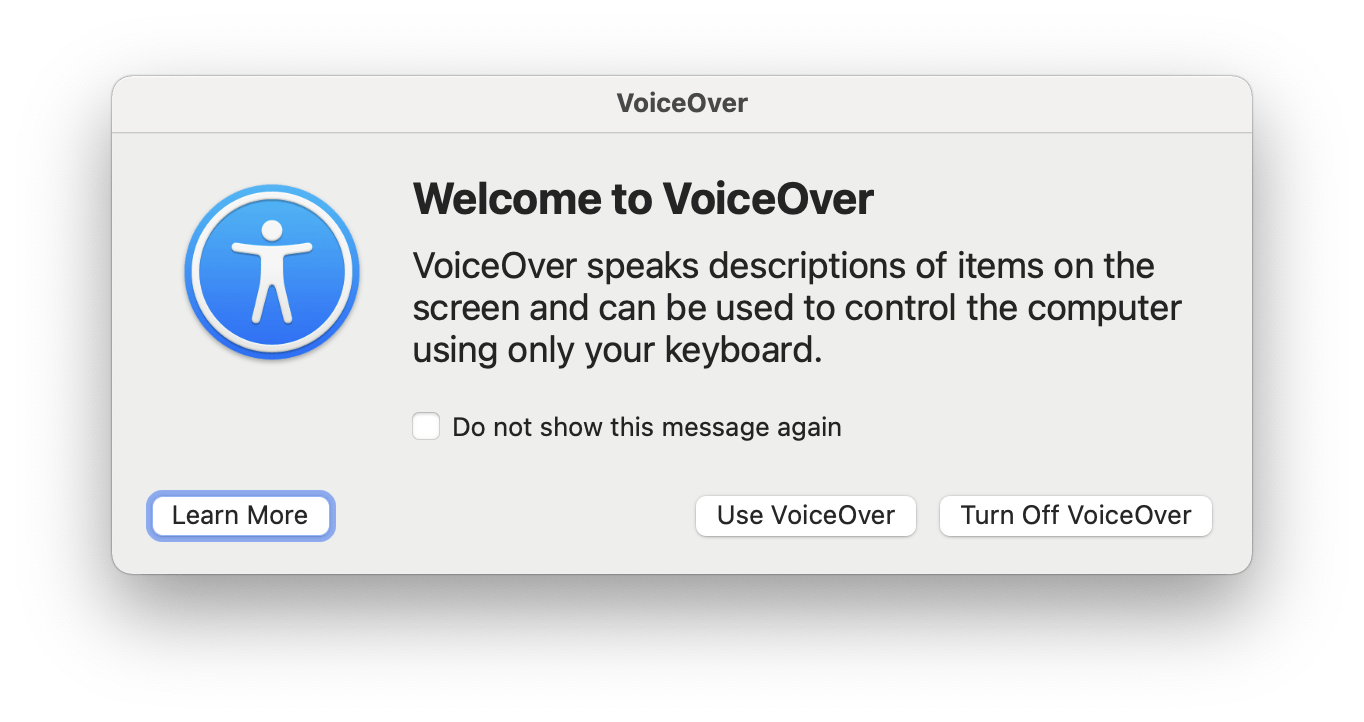 A MacOS window that is opened when the user first starts the VoiceOver Screen reader. The title says, 