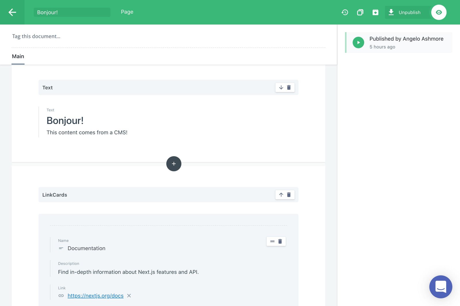 A screenshot of the Prismic editing interface with a new page document being created. The headline will read, 