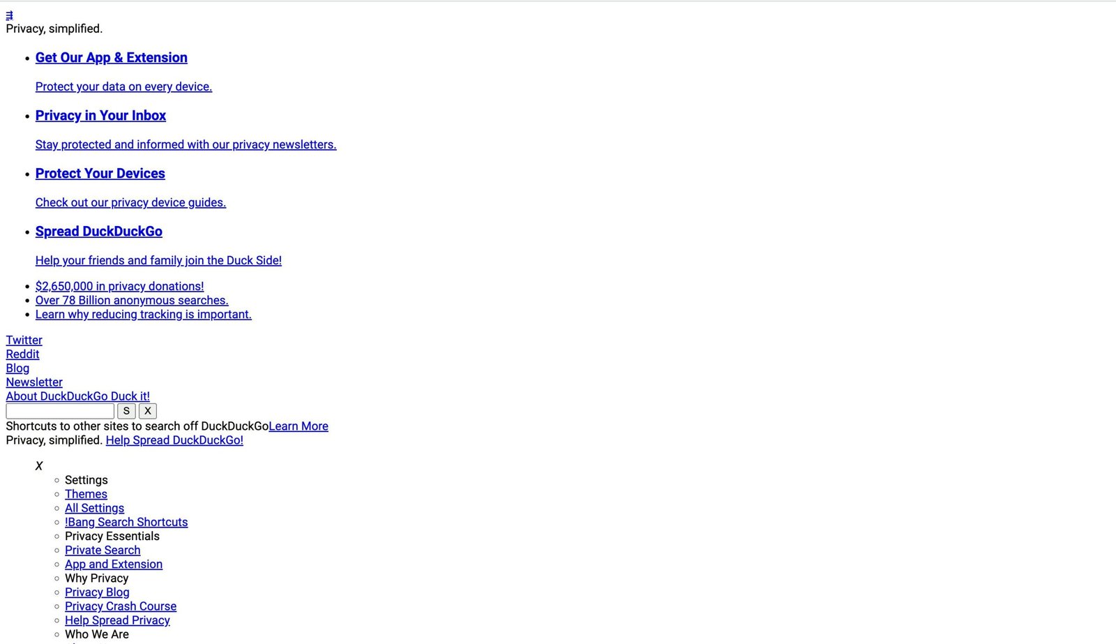 The homepage of the DuckDuckGo search engine without any styling. It includes a variety of links, and a form. The links are formatted in a bullet-pointed list.