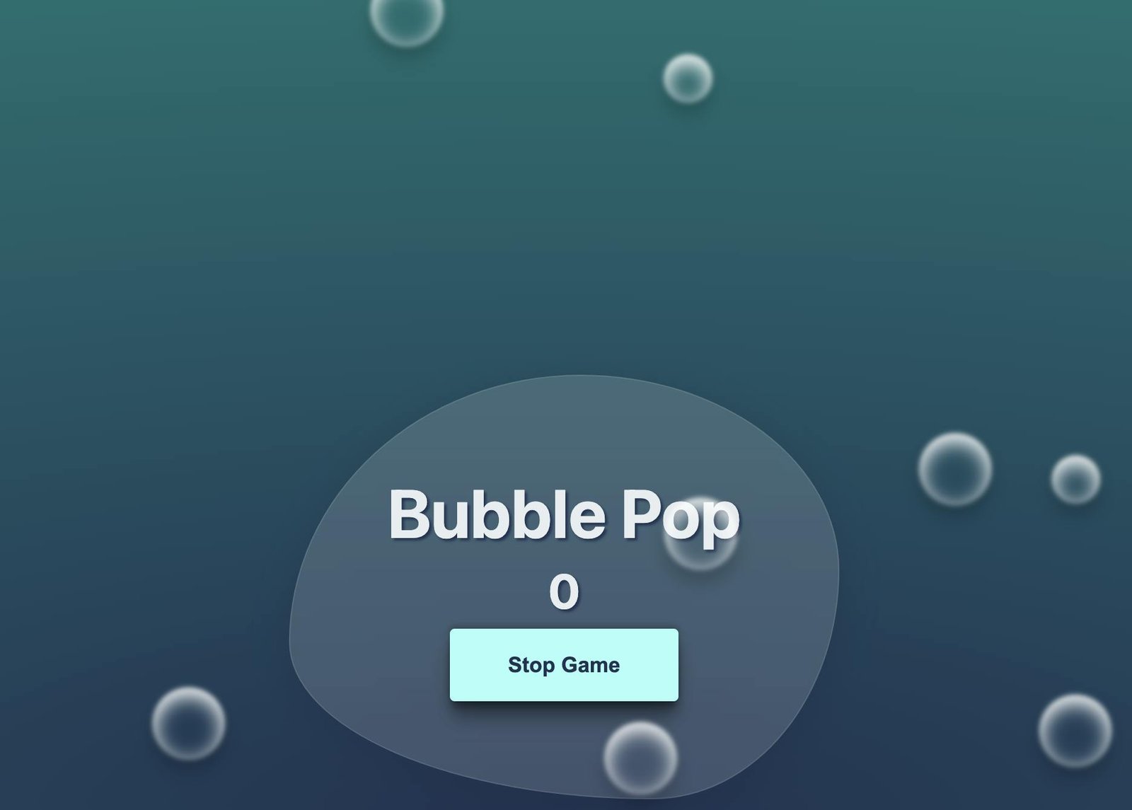Screenshot of the bubble popping game built with Svelte. There are bubbles floating across the screen, a game title, a score of 0, and a button that says, 