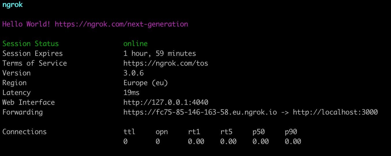 Screenshot of a terminal screen while ngrok is running. it shows a list of information that ngrok provides, including an entry titled 