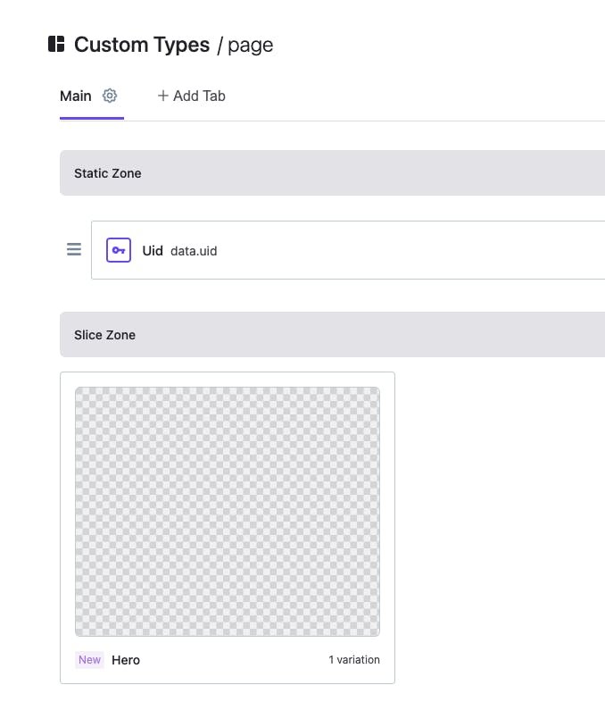 Screenshot of the Prismic interface showing the Custom Types builder for our 