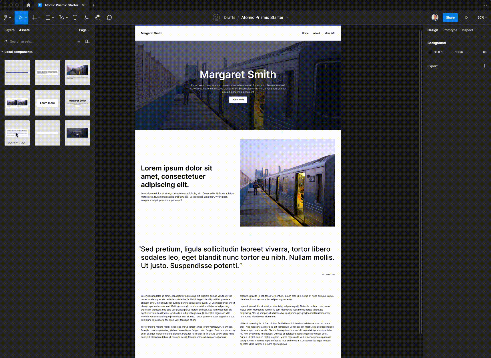 A screen recording of dragging and dropping different page section organisms into a page in Figma.