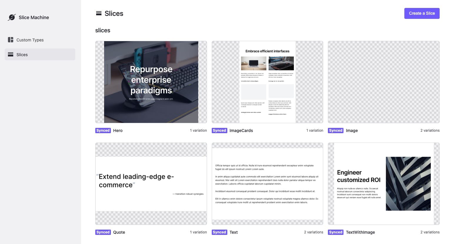 A screenshot of the Slices tab in Prismic