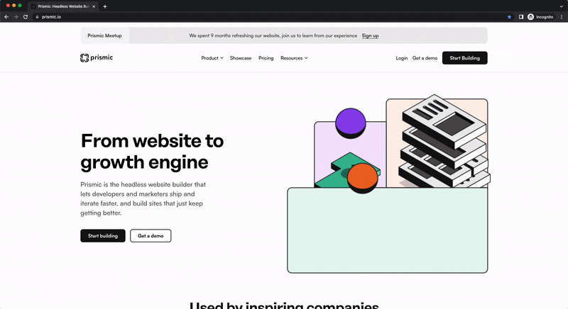 A screen recording of Prismic.io -- our brand new home page. With headlines like, "From website to growth engine," and our new market category, we