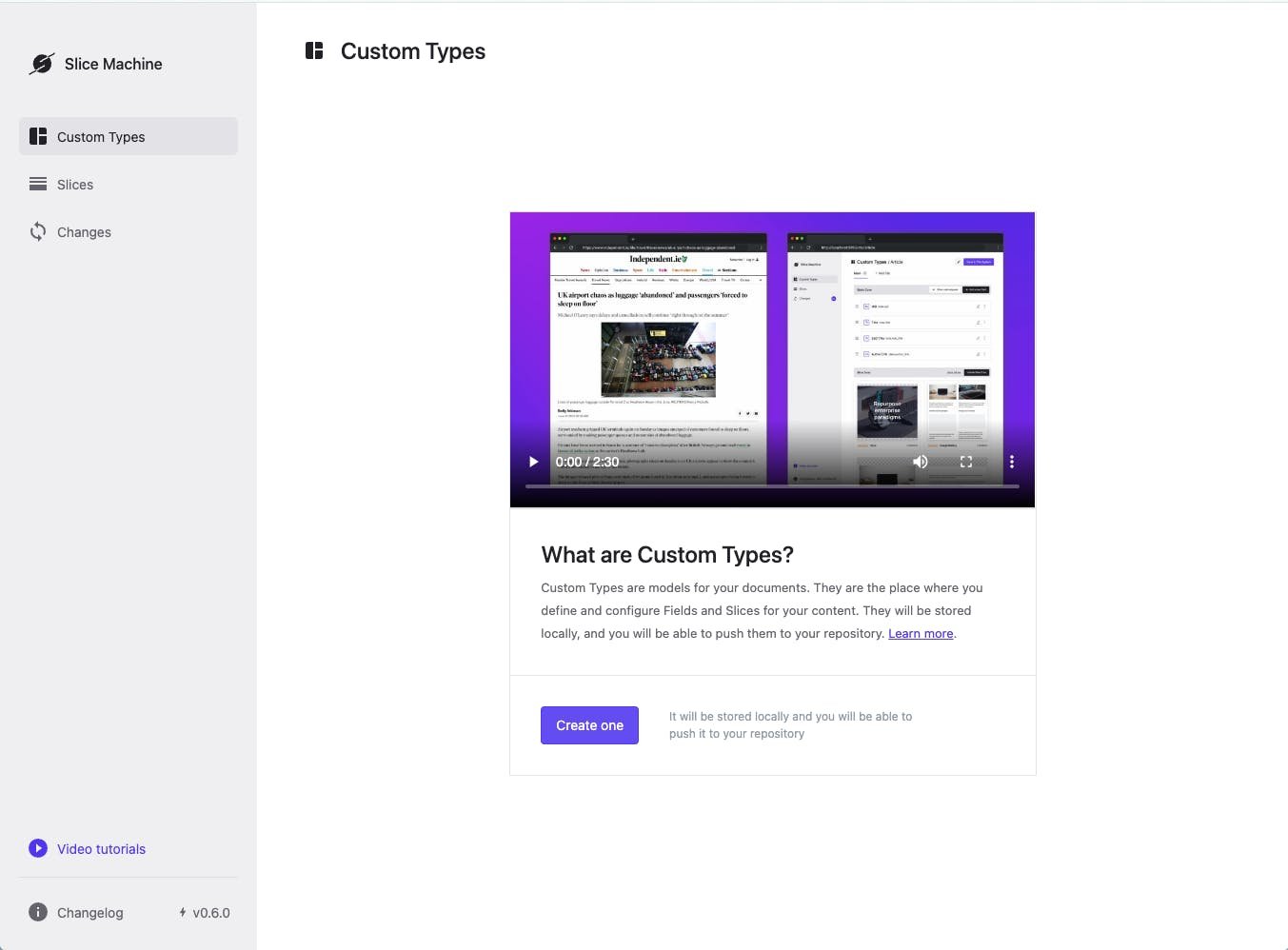 A screenshot of the Slice Machine interface, displaying the Custom Types tab, where there