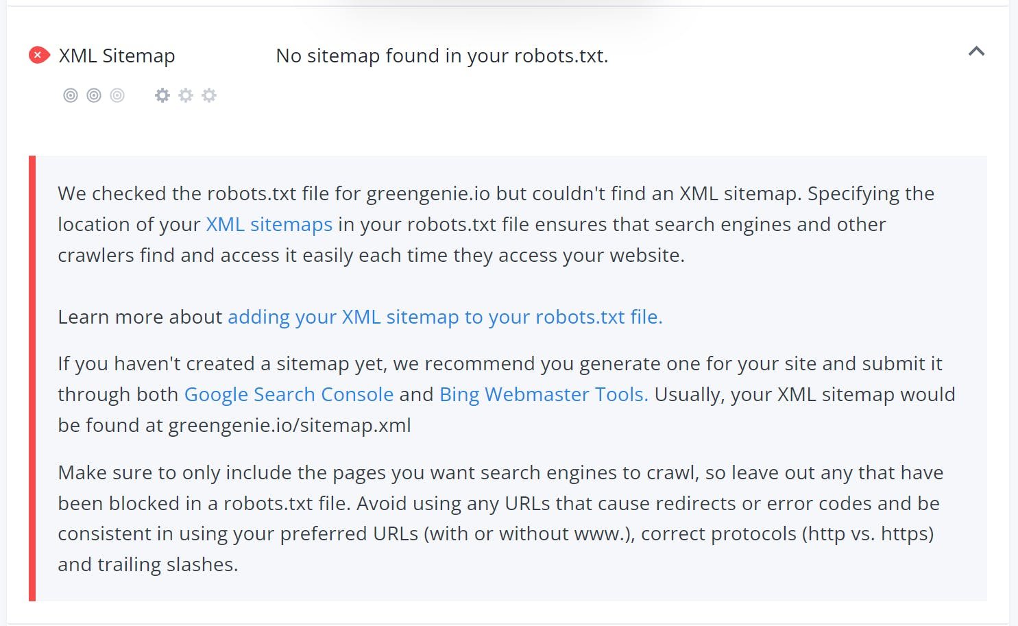 XML Sitemap - No sitemap found in your robots.txt
We checked the robots.txt file for greengenie.io but couldn