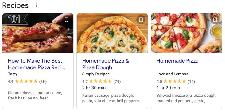 When a recipe blog post contains recipe structured data, Google can display it as a card in a 