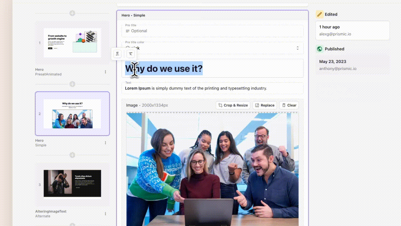 Prismic page builder experience creative process 