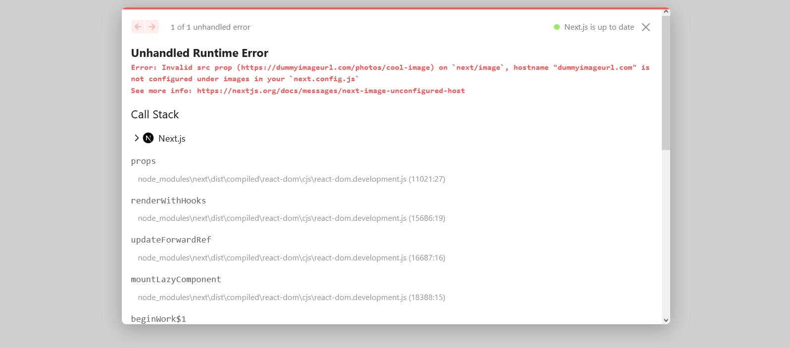 An image of an unhandled rentime error.