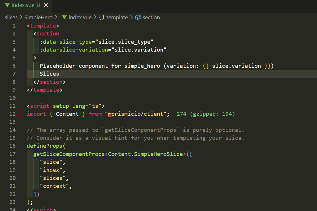 Nuxt 3 and Prismic: Get Up and Running Now! Animated GIF showcasing the templating of a “SimpleHero” slice on VS Code. TypeScript IntelliSense reports available data precisely and components are auto-imported.