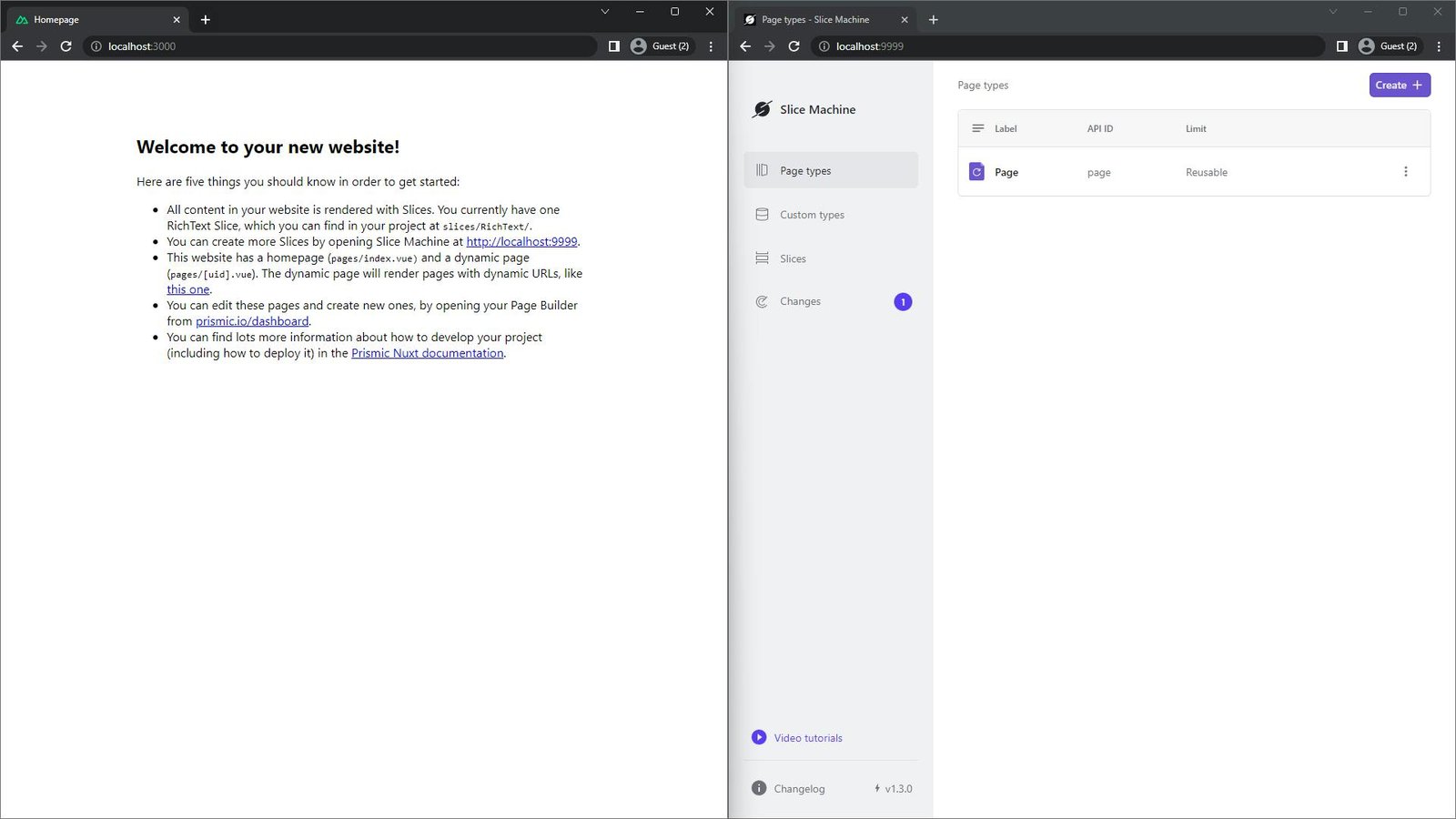 Nuxt 3 and Prismic: Get Up and Running Now! Side-by-side screenshot of Nuxt’s development server on the left, Slice Machine UI on the right.