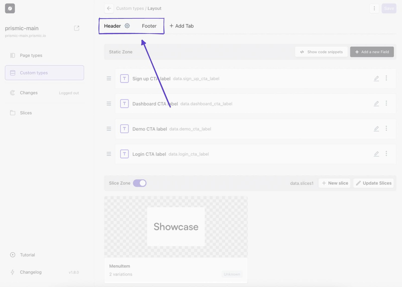 An image showing header and footer tabs in Slice Machine.
