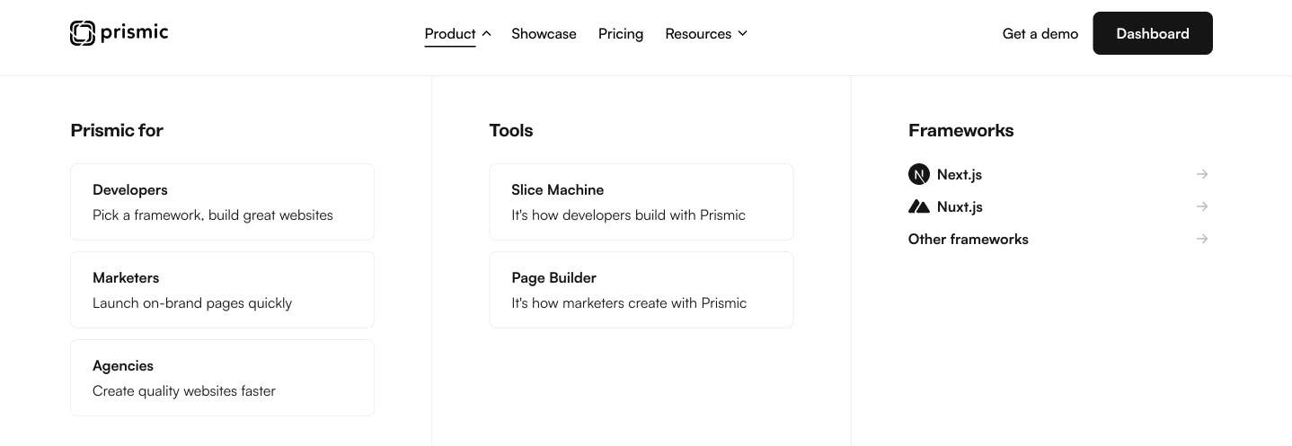 An image of the Prismic.io navigation.