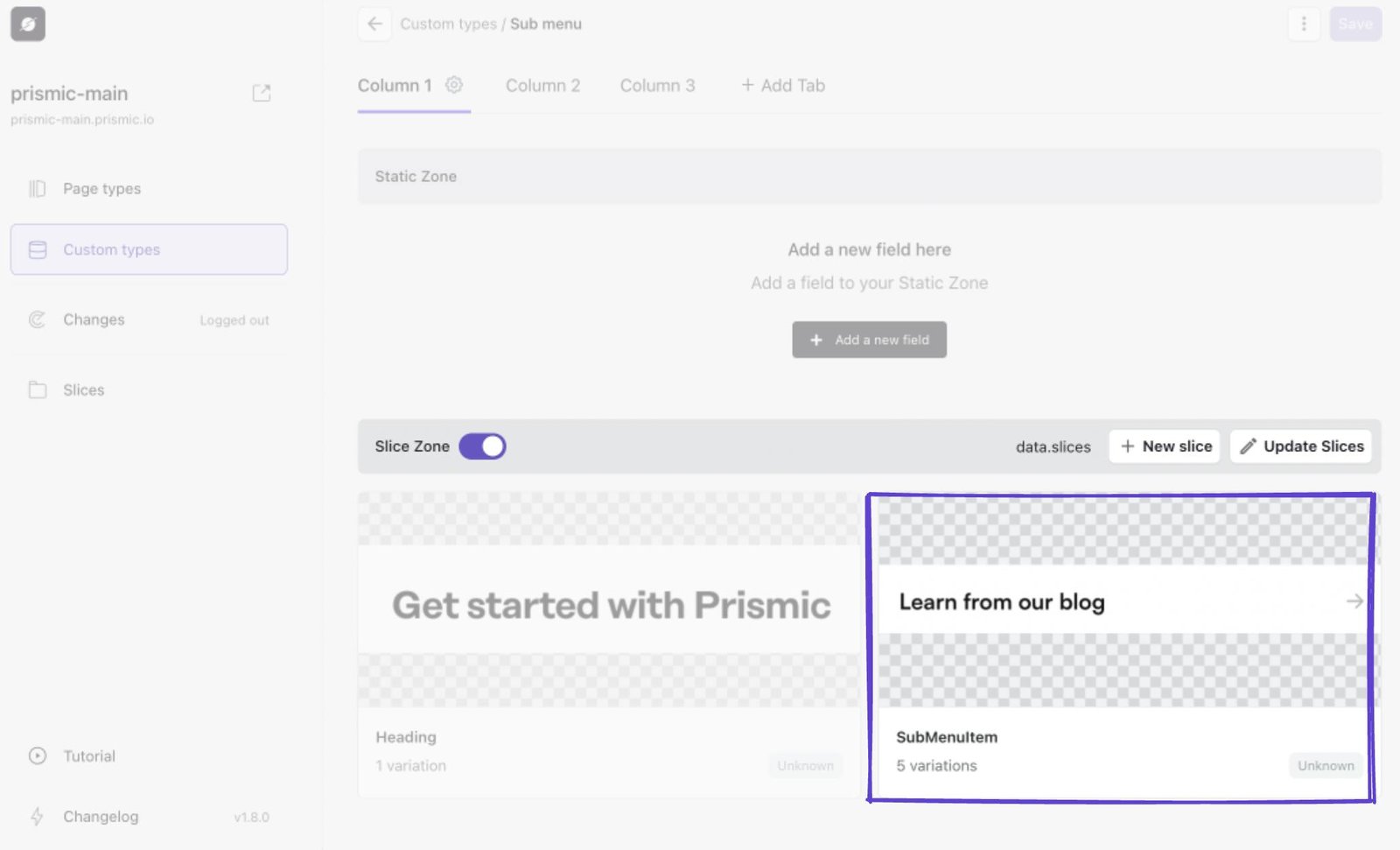An image of our SubMenuItem Slice in Slice Machine.