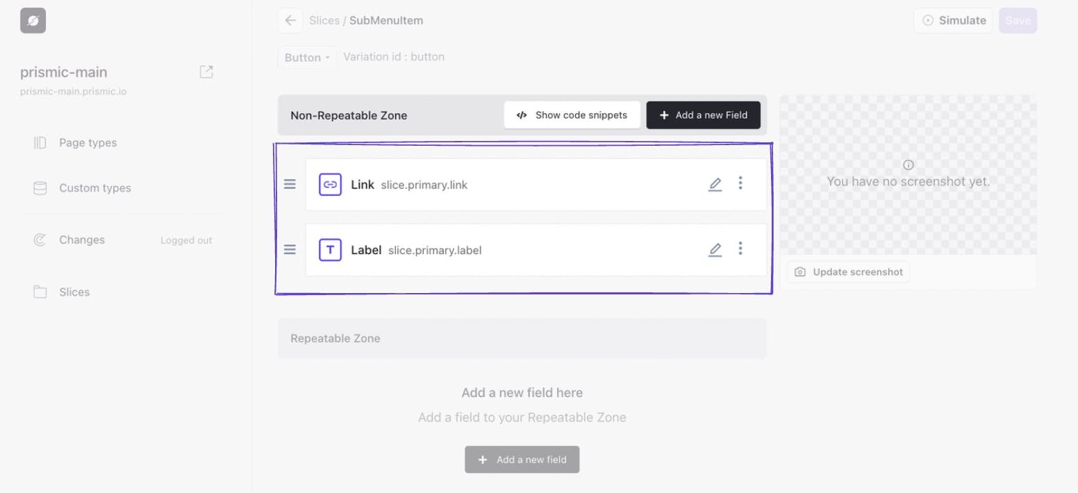 An image of the fields in our button submenu variation in Slice Machine.