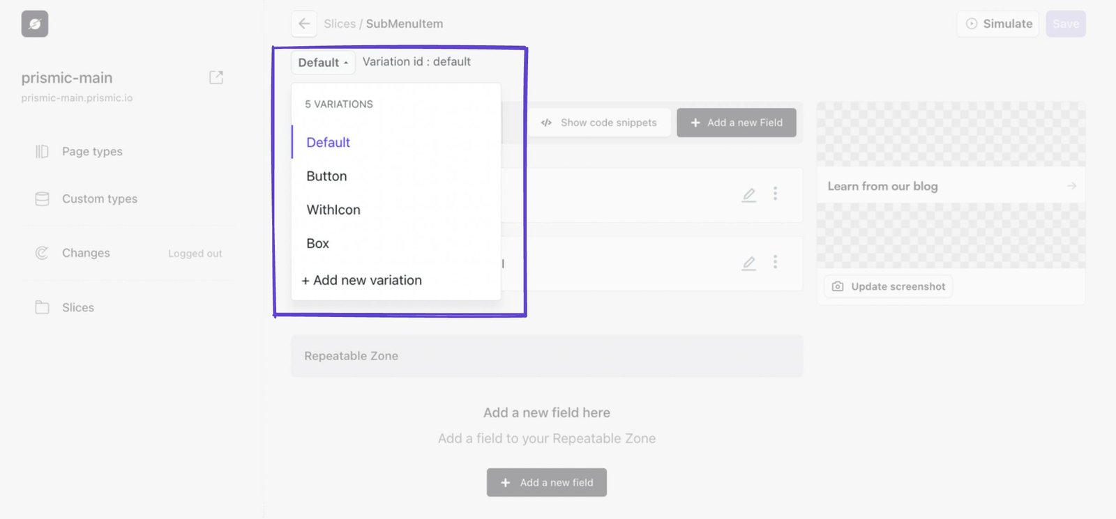An image of our submenu Slice variations in Slice Machine.