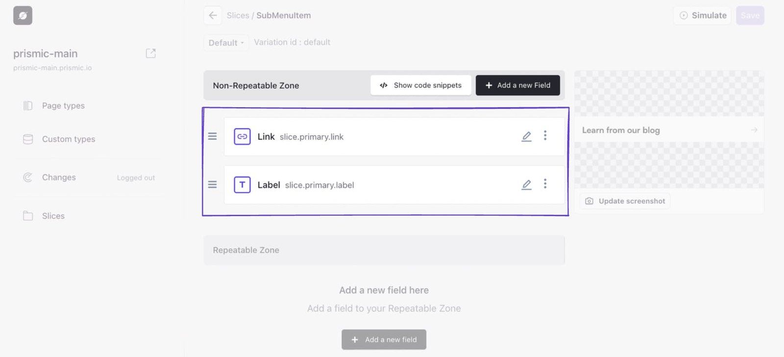 An image of the submenu fields for our Slice in Slice Machine.