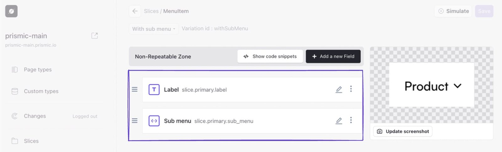 An image of fields in our MenuItem Sub menu variation.