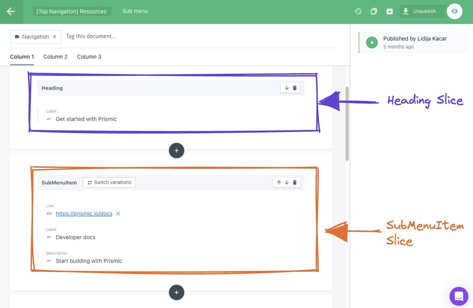 An image of our submenu Slices in the Page Builder.