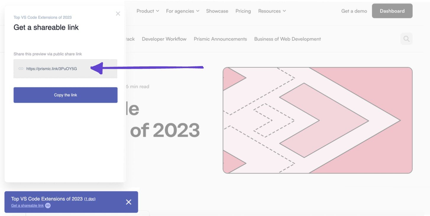 An image showing a shareable link on the frontend of a Prismic site.