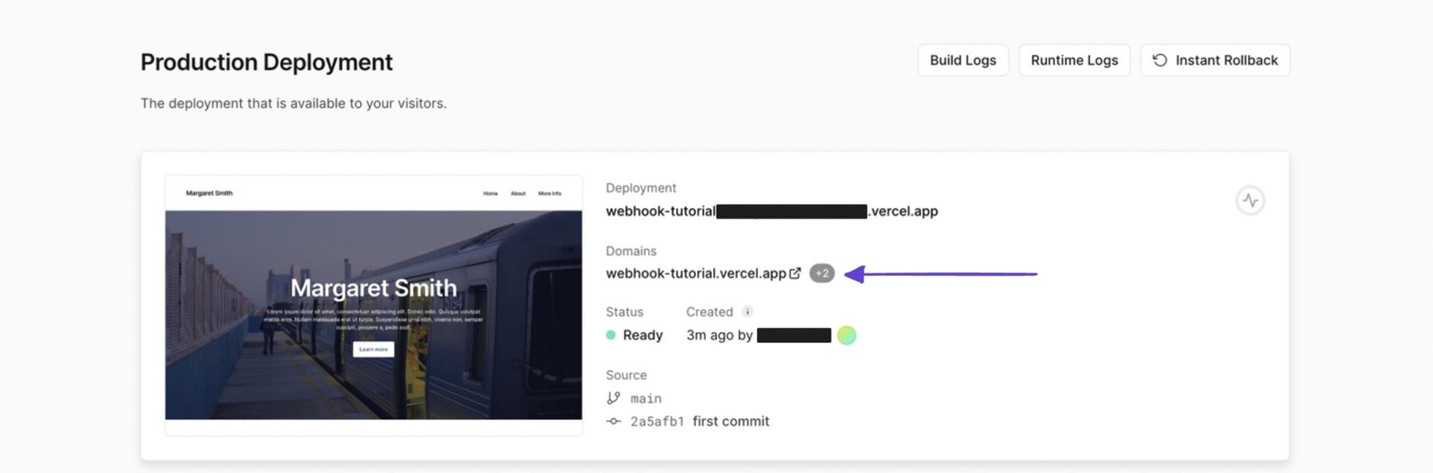 An image showing the deployed Vercel app URL.