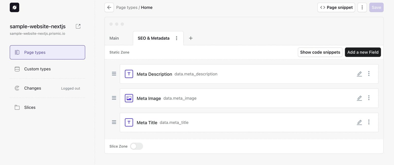 An image showing the SEO & Metadata tab in Slice Machine.