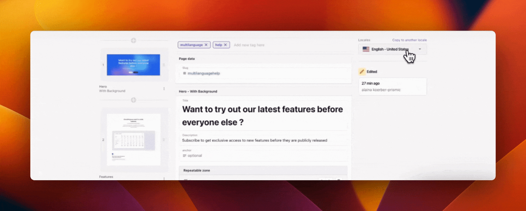 A GIF showing how to change locales in the Page Builder.