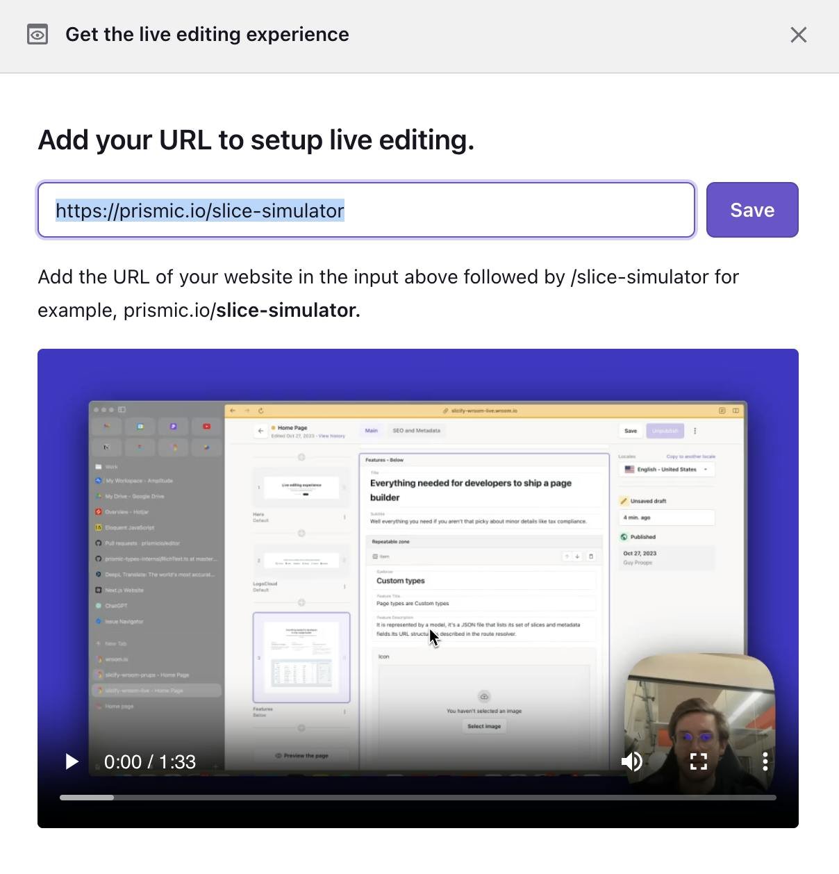An image of the live editing URL in Prismic.