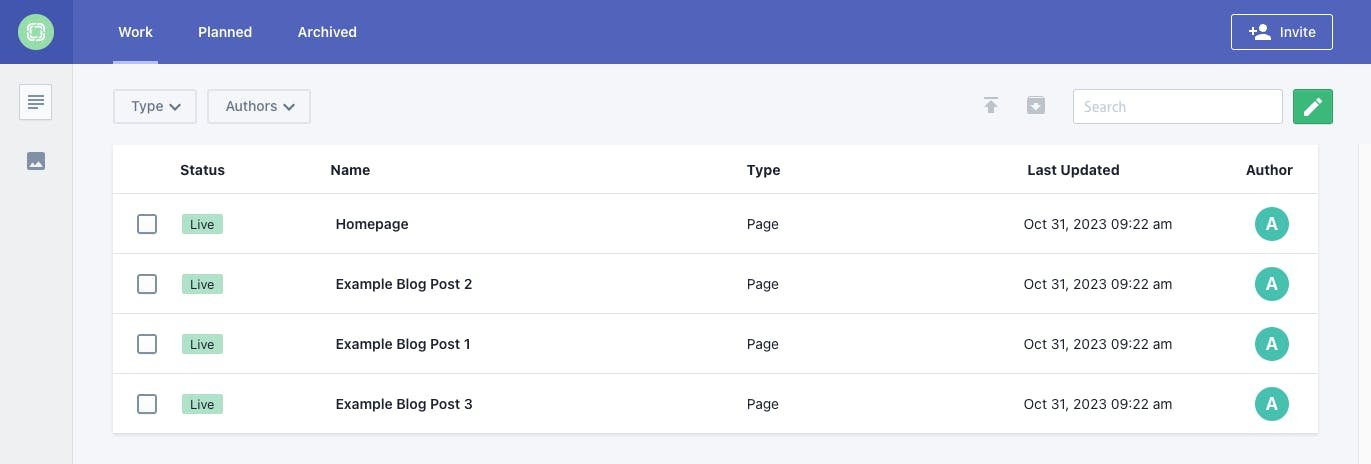 An image of the Prismic page builder with our starter docuements.