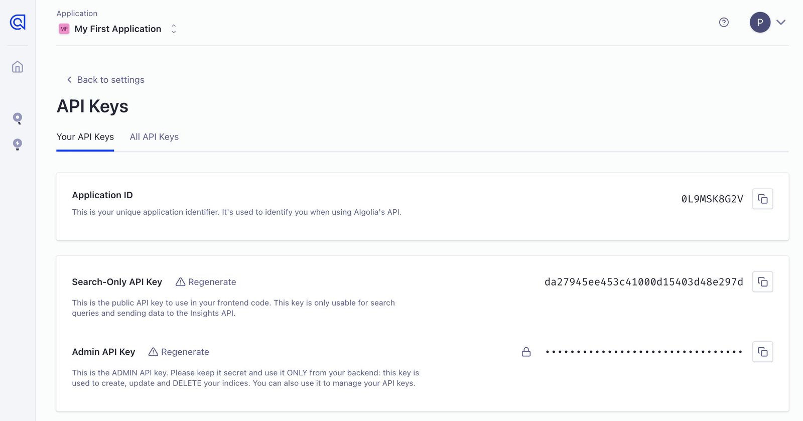 An image of the API Keys screen in Algolia.