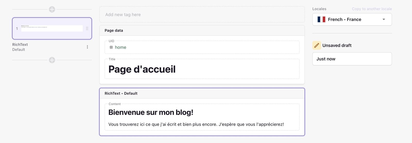 An image of our French locale in the page builder.