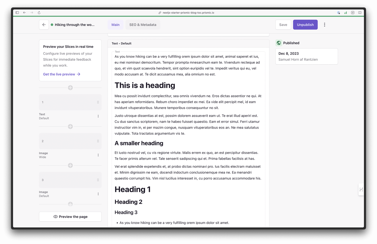 An image of an article in the Prismic Page Builder.