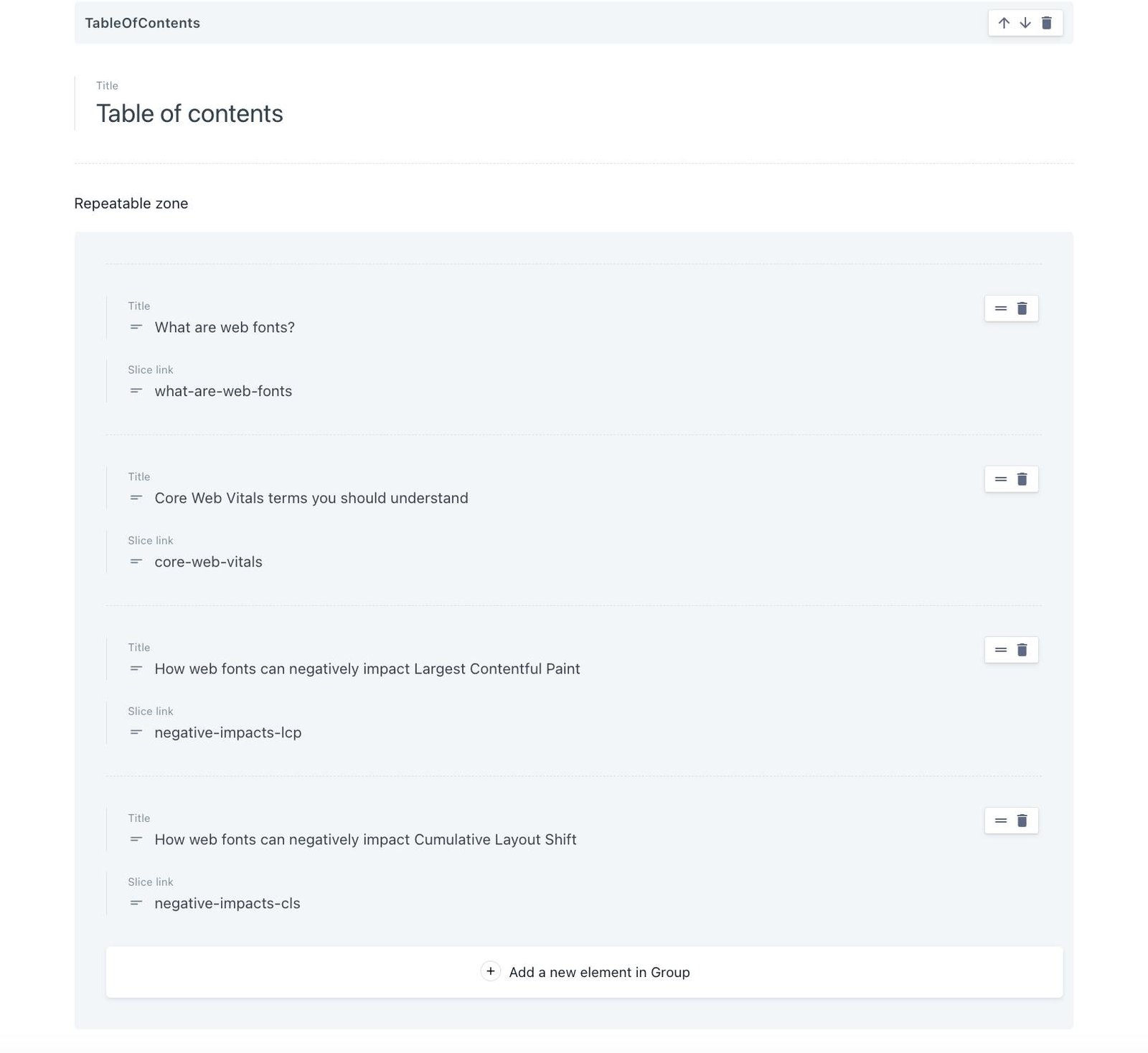 An image of how we used to add a table of contents.