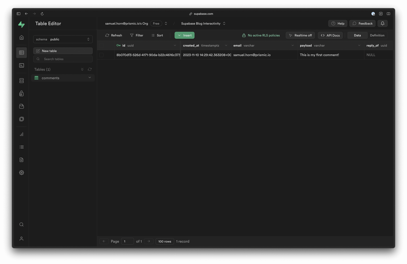 An image of our message in Supabase.