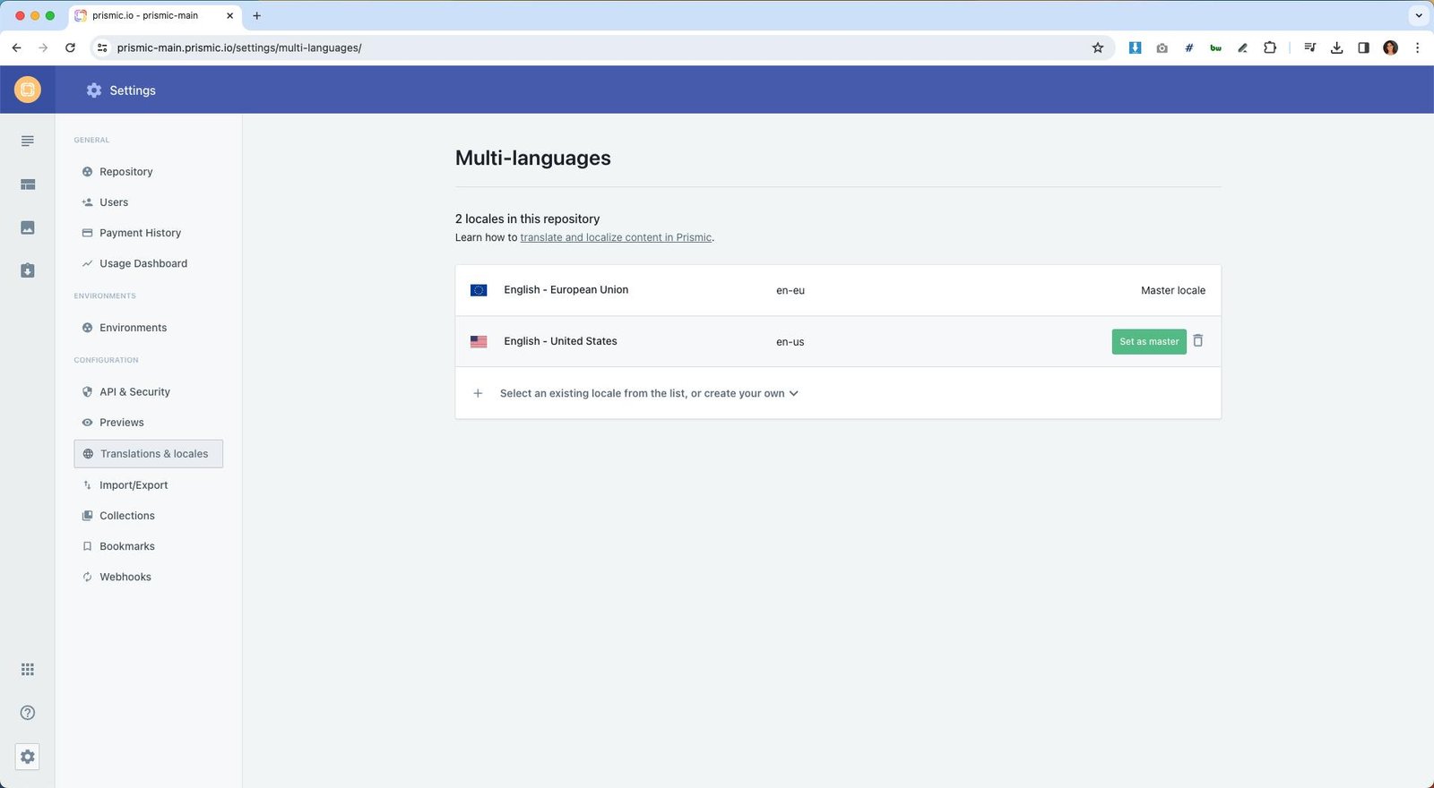 An image of locale management in the Page Builder.
