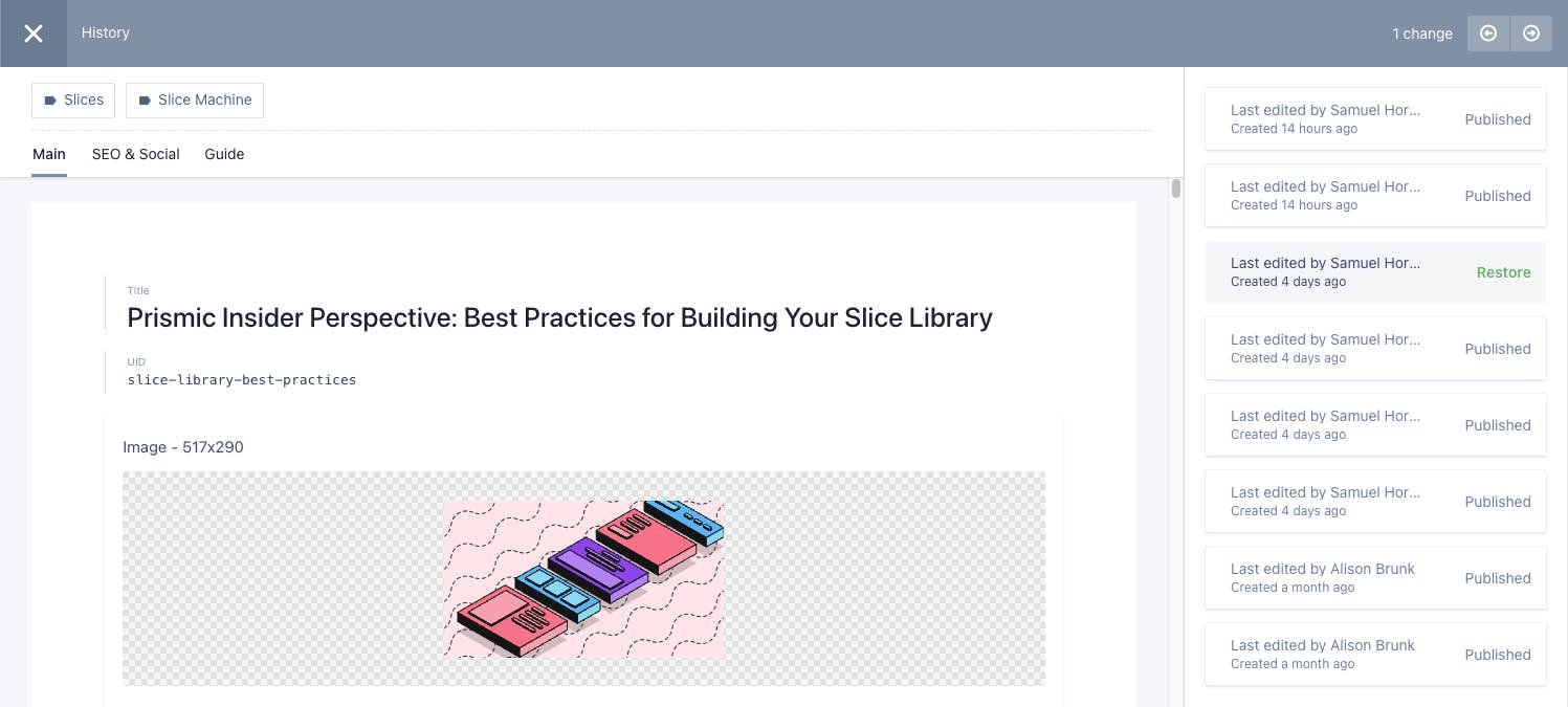 An image of revision history in the Page Builder.
