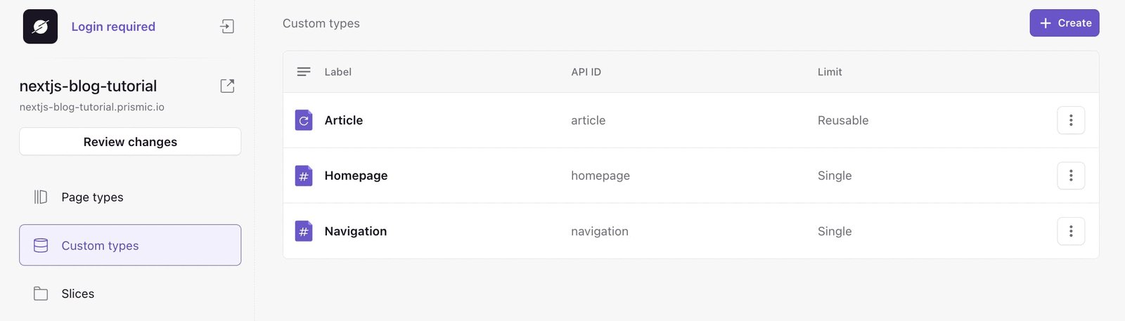 An image of Custom Types in Slice Machine.