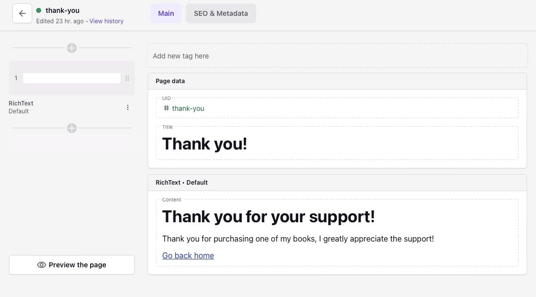 An image of thank you message in Prismic.