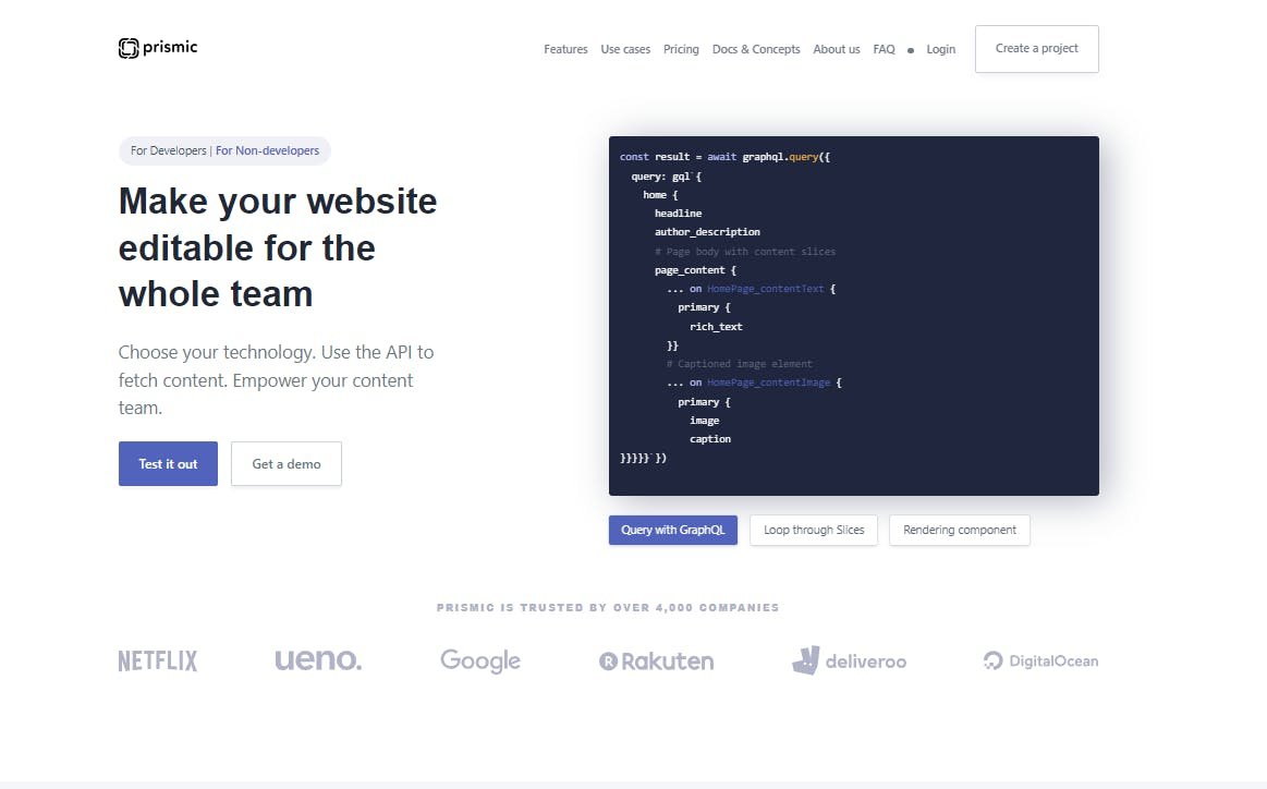 An image of Prismic website before redesign.