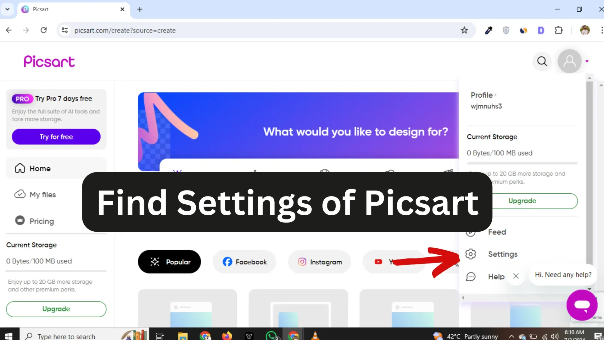 Find settings in picsart accounr