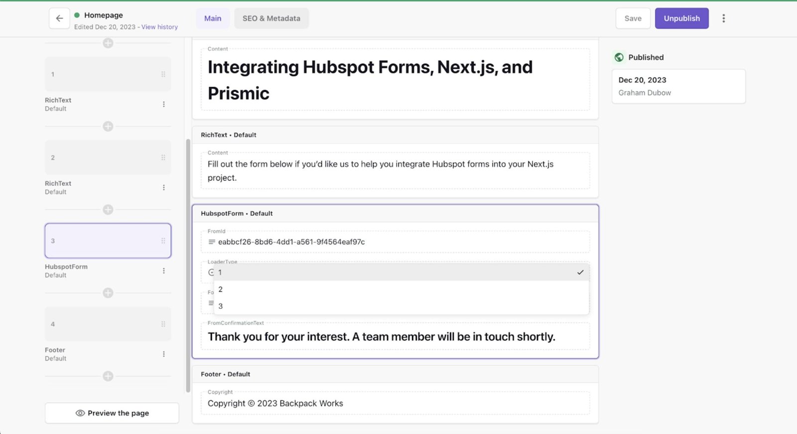 An image of our LoaderType options in the Prismic Page Builder