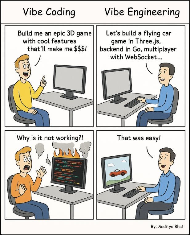A cartoon image of vibe coding vs. vibe engineering