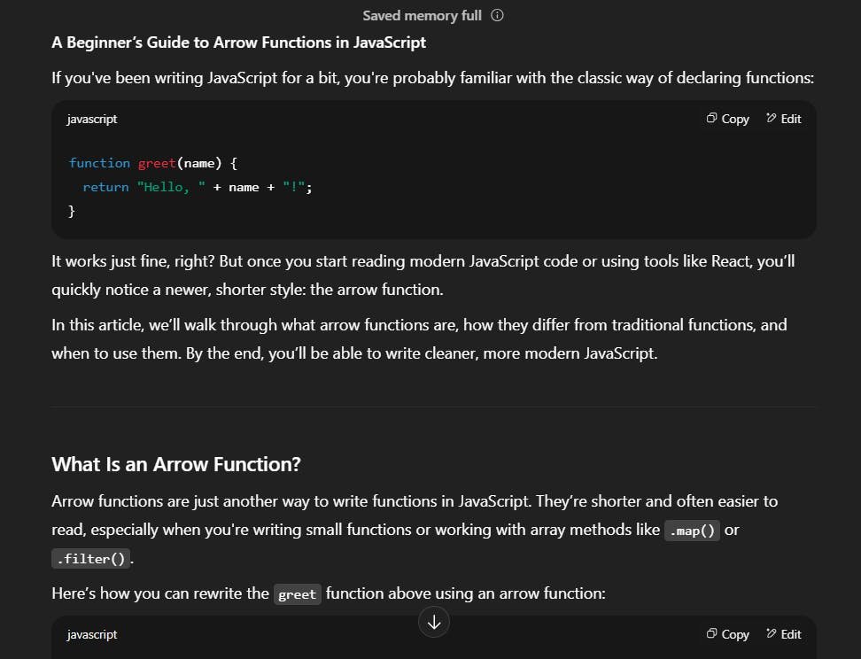 An image of ChatGPT arrow function prompt with context