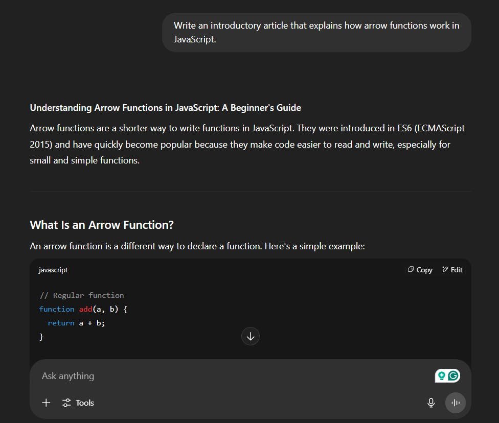 An image of ChatGPT arrow function prompt
